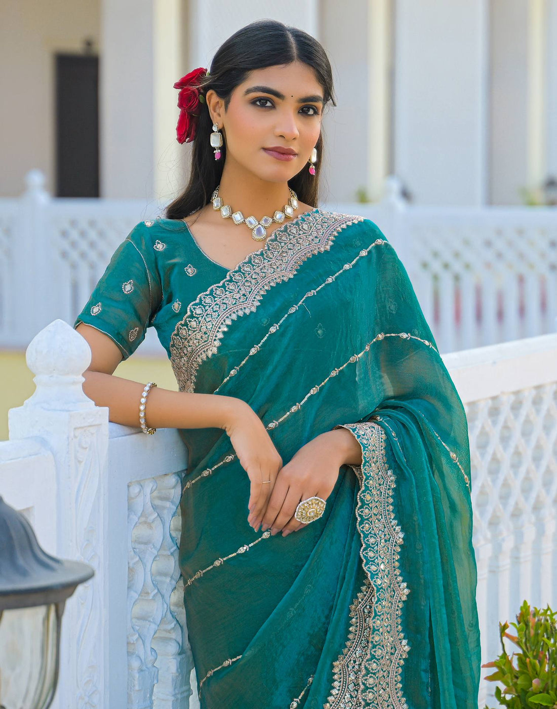 Teal Green Shimmer Sequence Embroidery Saree