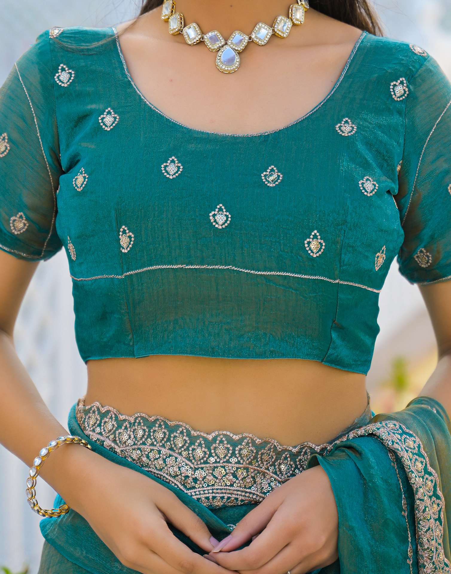 Teal Green Shimmer Sequence Embroidery Saree