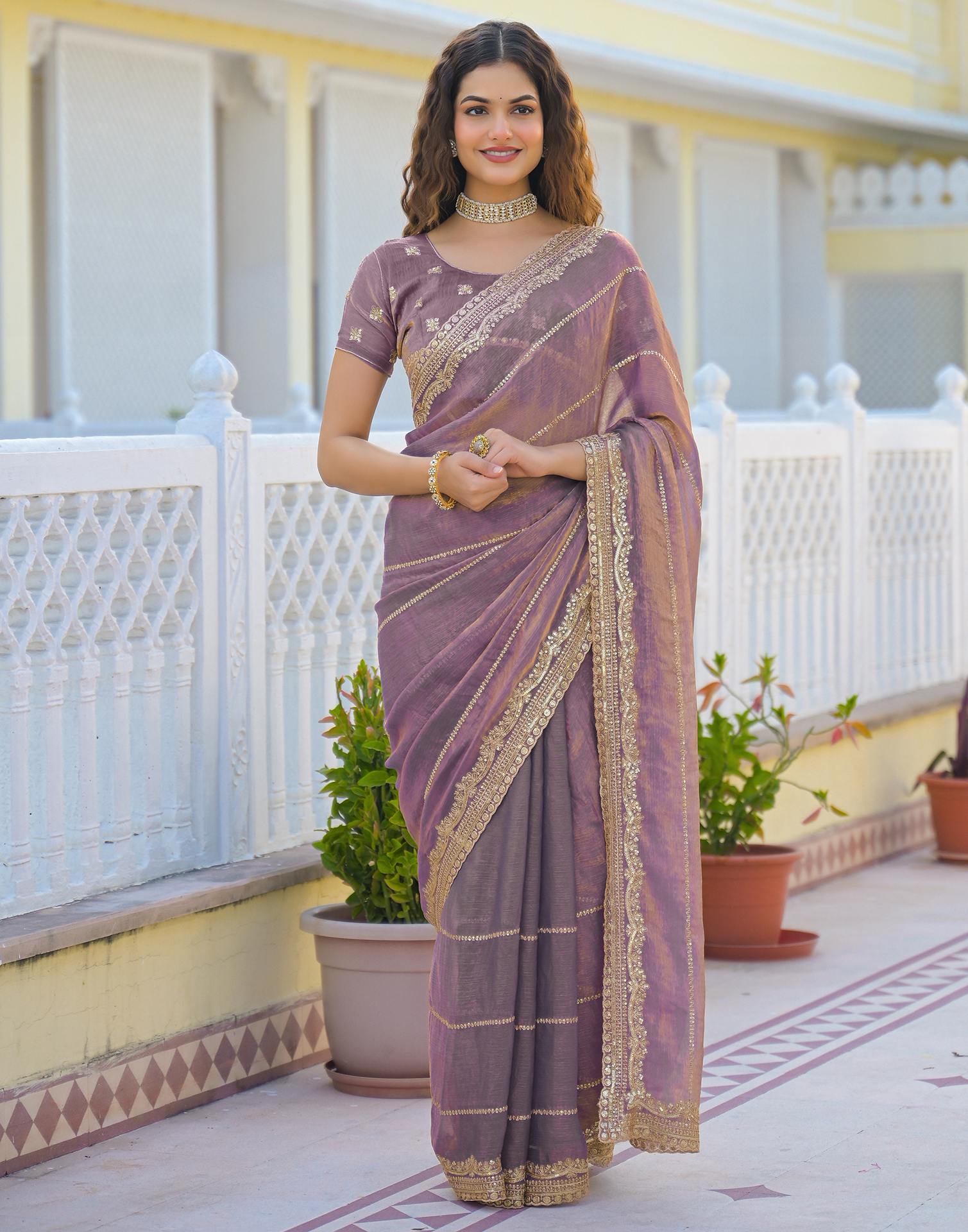 Dusty Mauve Shimmer Sequence Embroidery Saree