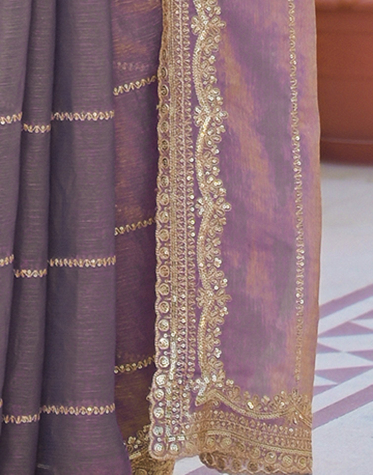 Dusty Mauve Shimmer Sequence Embroidery Saree