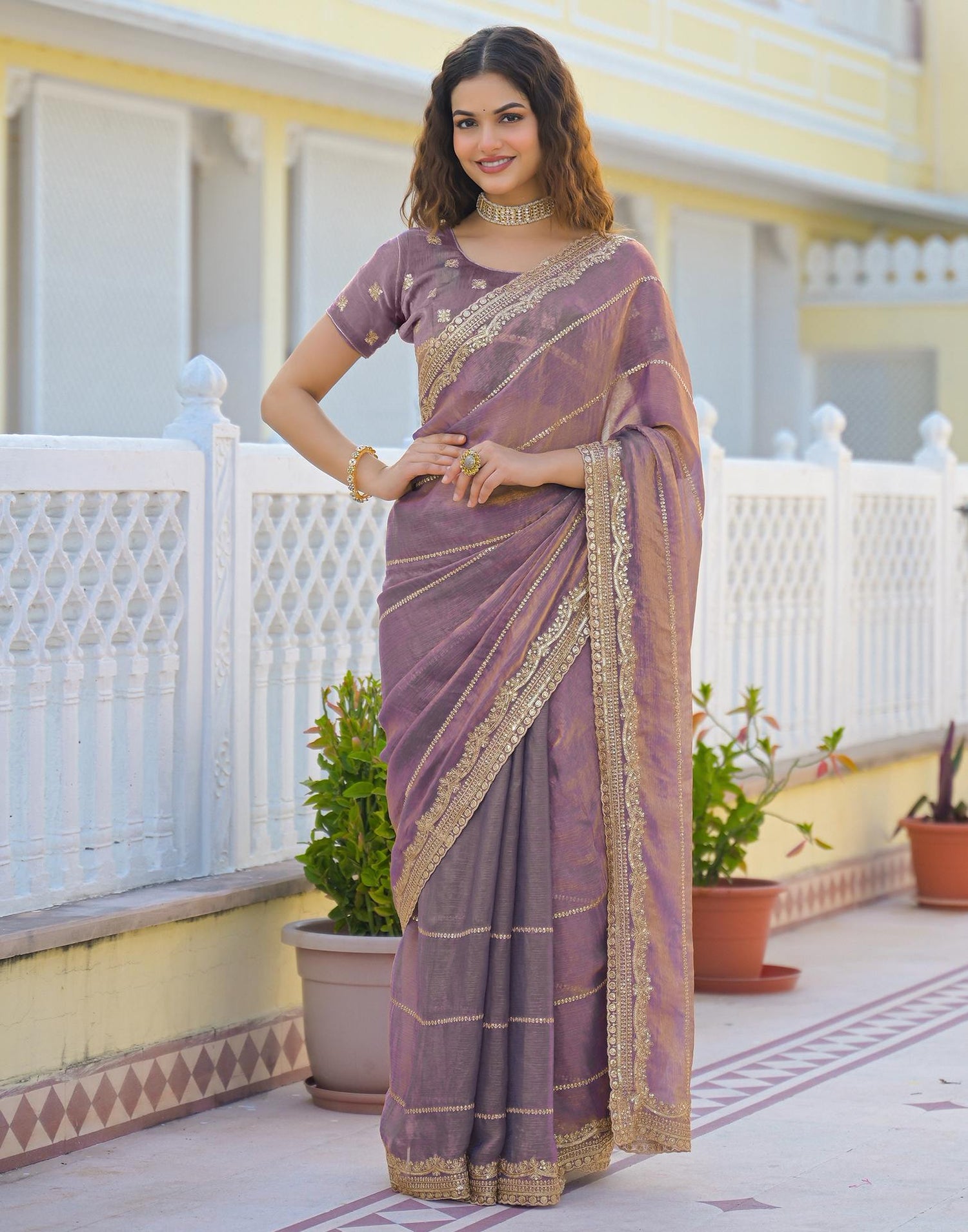 Dusty Mauve Shimmer Sequence Embroidery Saree