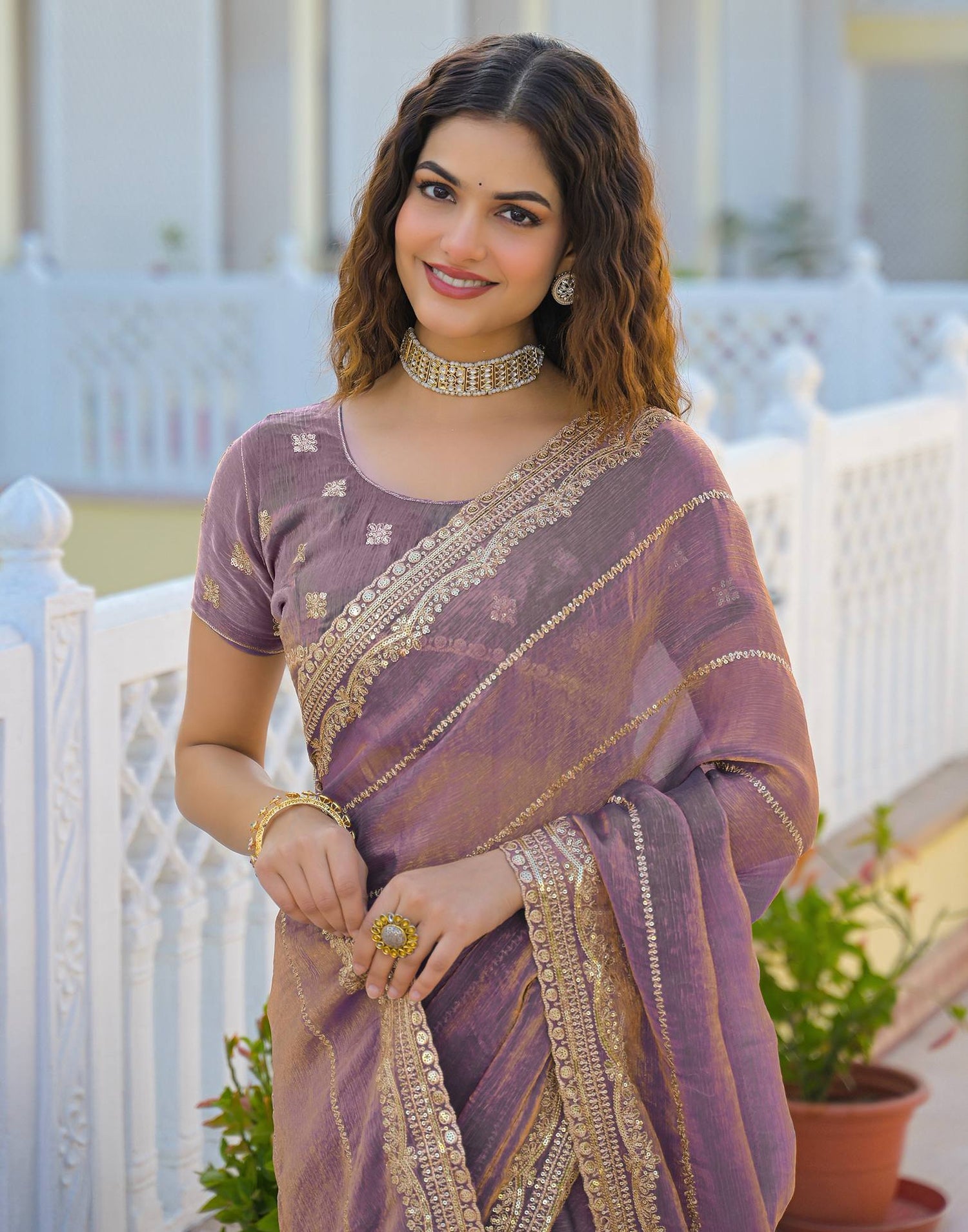 Dusty Mauve Shimmer Sequence Embroidery Saree
