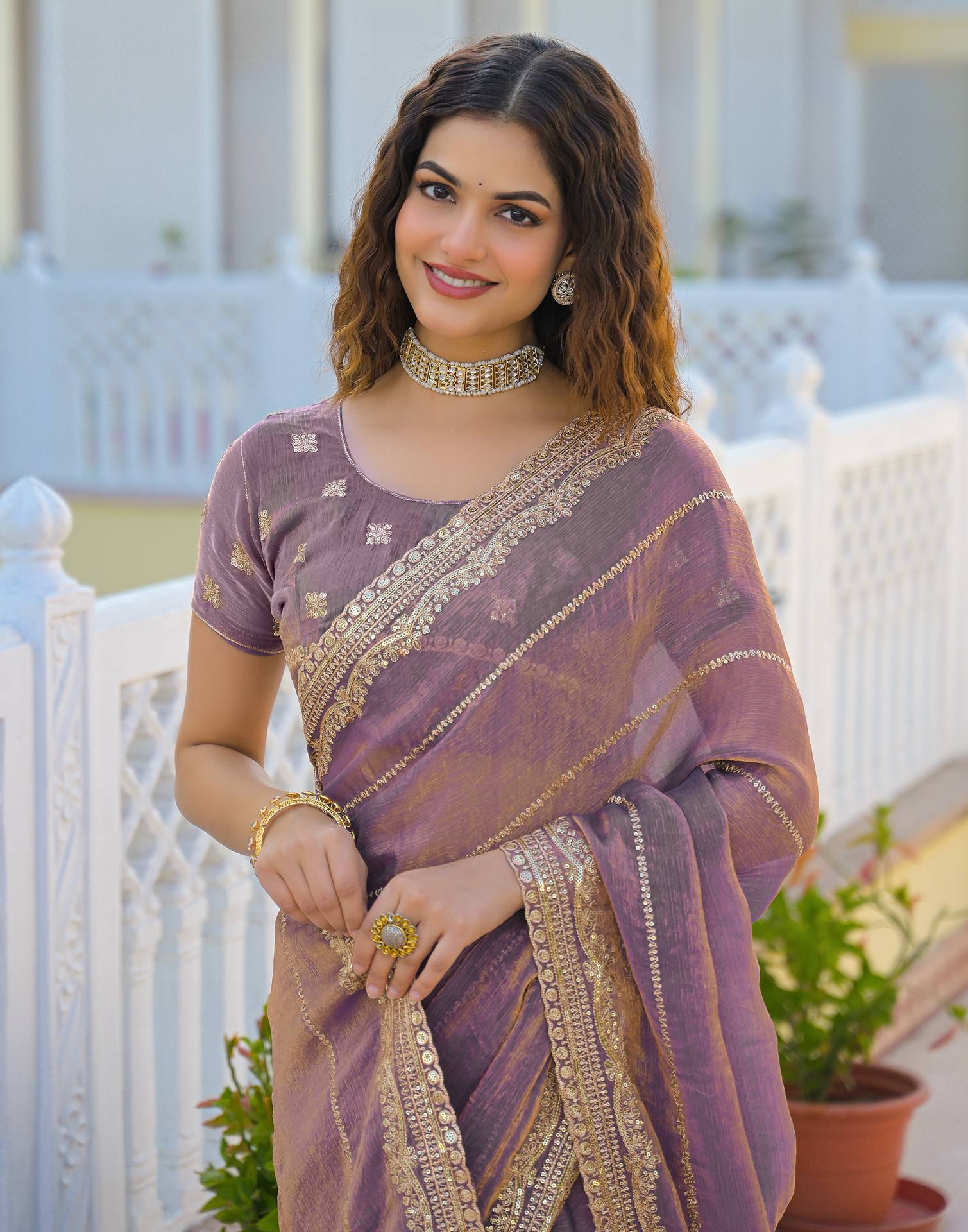Dusty Mauve Shimmer Sequence Embroidery Saree