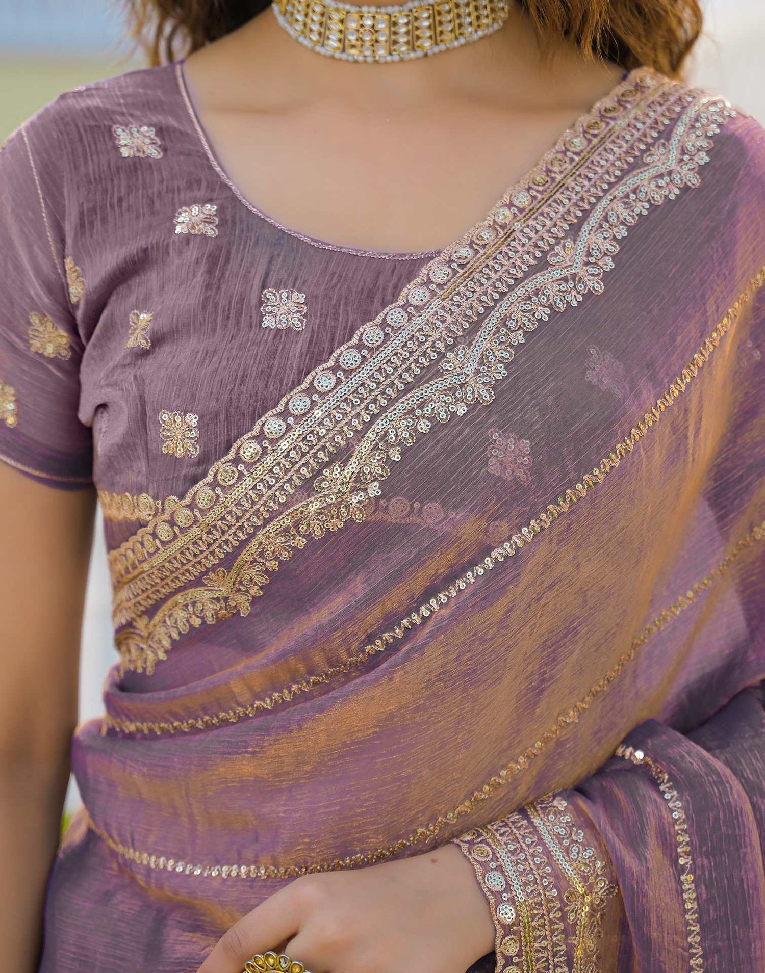Dusty Mauve Shimmer Sequence Embroidery Saree