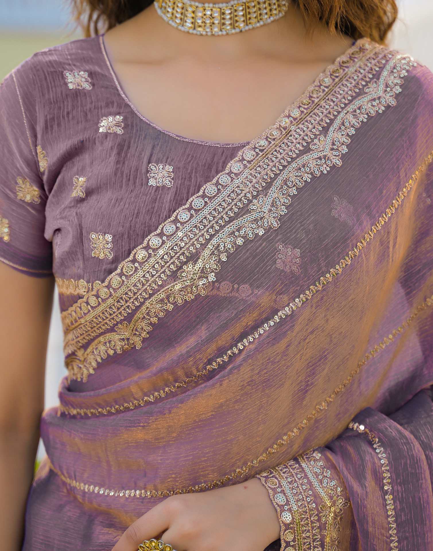 Dusty Mauve Shimmer Sequence Embroidery Saree