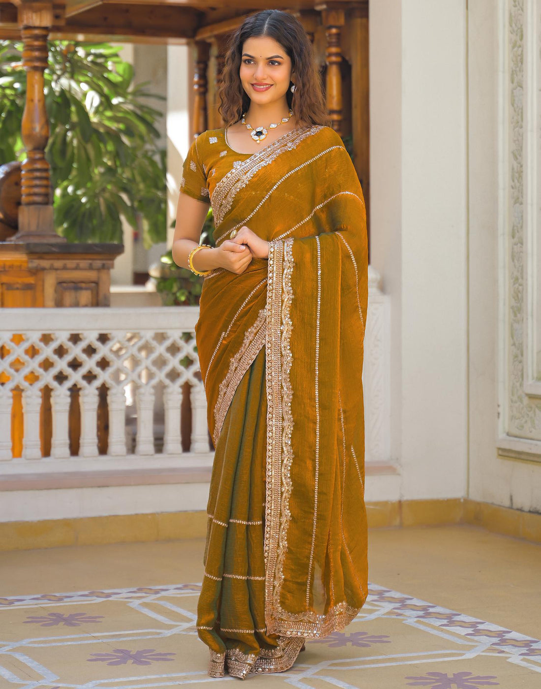 Brown Shimmer Sequence Embroidery Saree