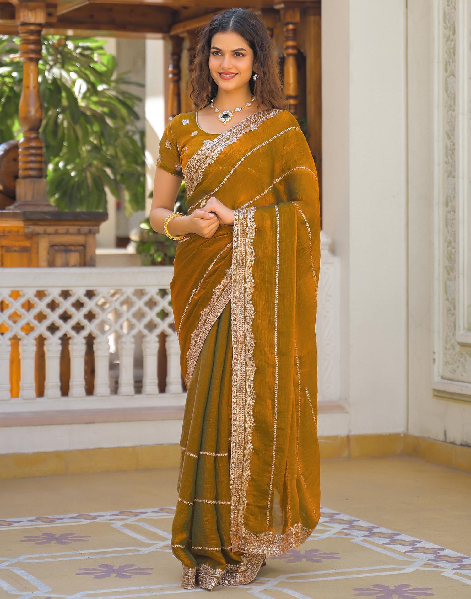 Brown Shimmer Sequence Embroidery Saree