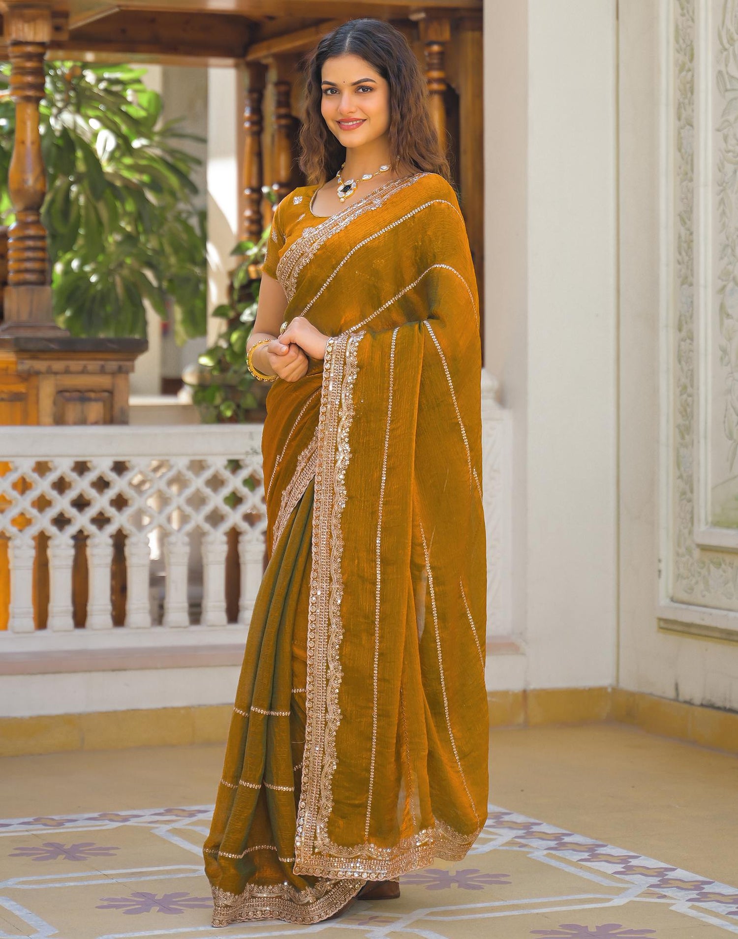 Brown Shimmer Sequence Embroidery Saree