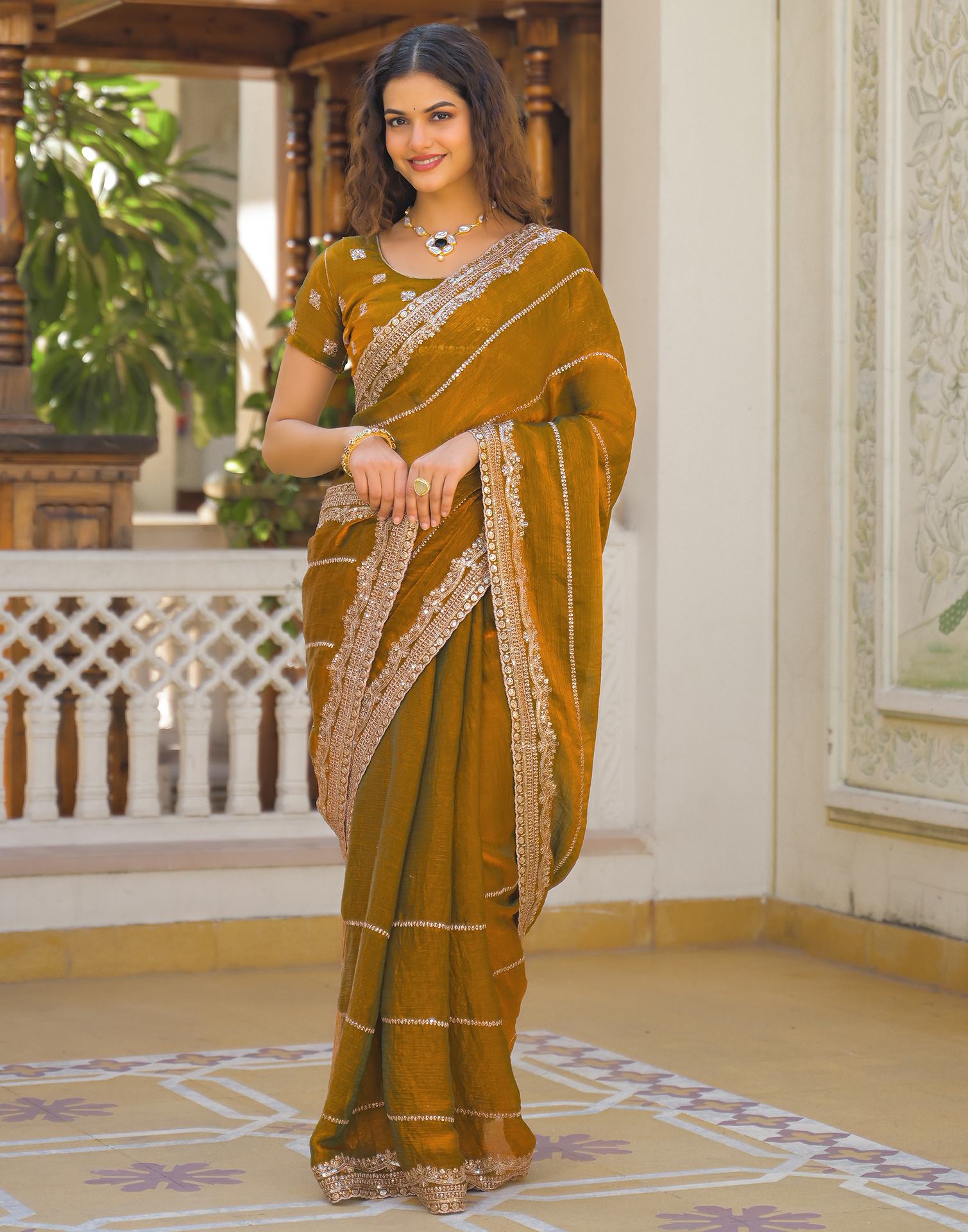 Brown Shimmer Sequence Embroidery Saree