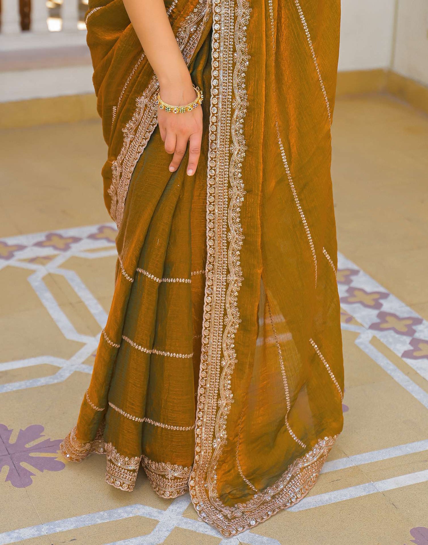 Brown Shimmer Sequence Embroidery Saree