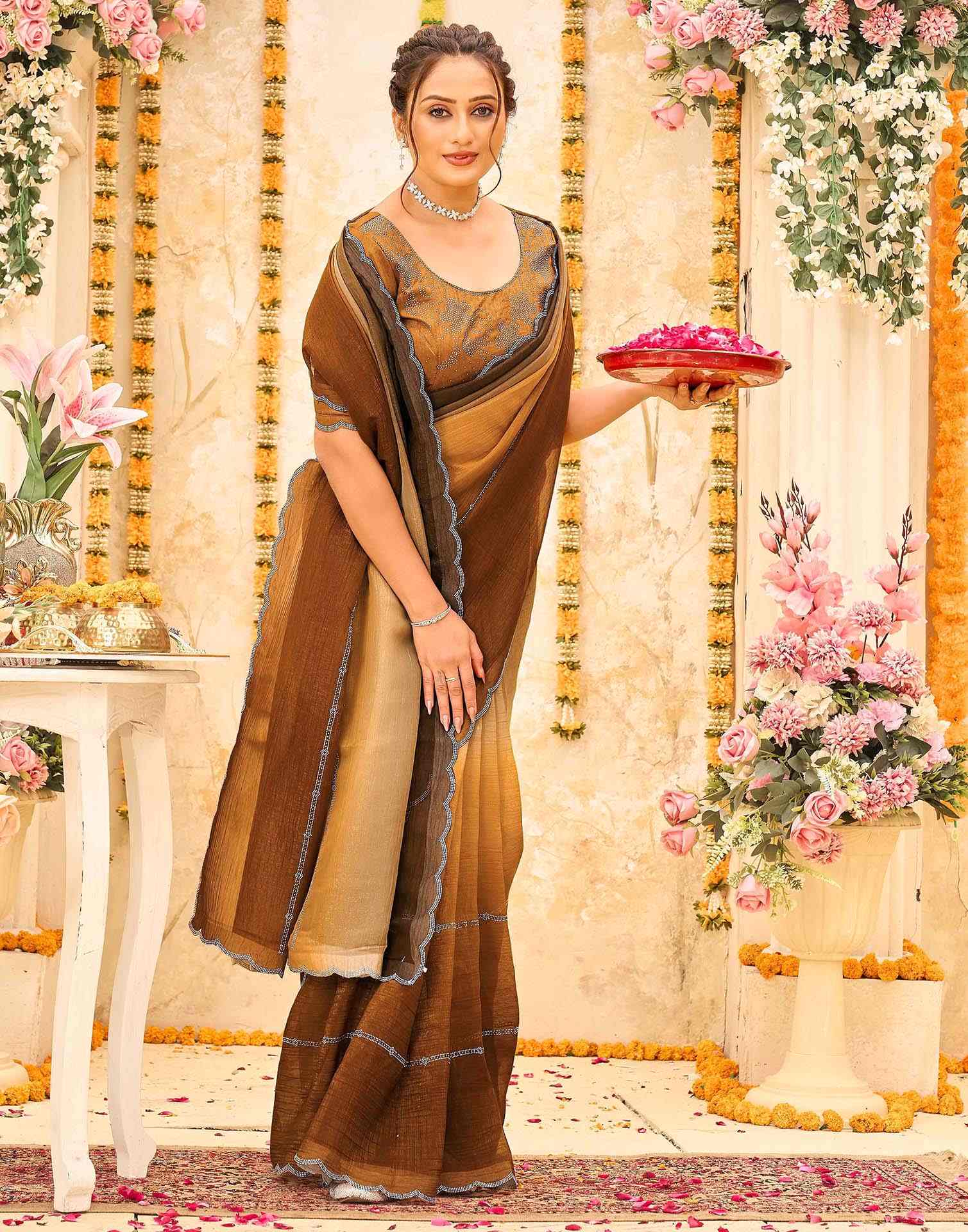 Brown Shimmer Stone Work Embellished Saree