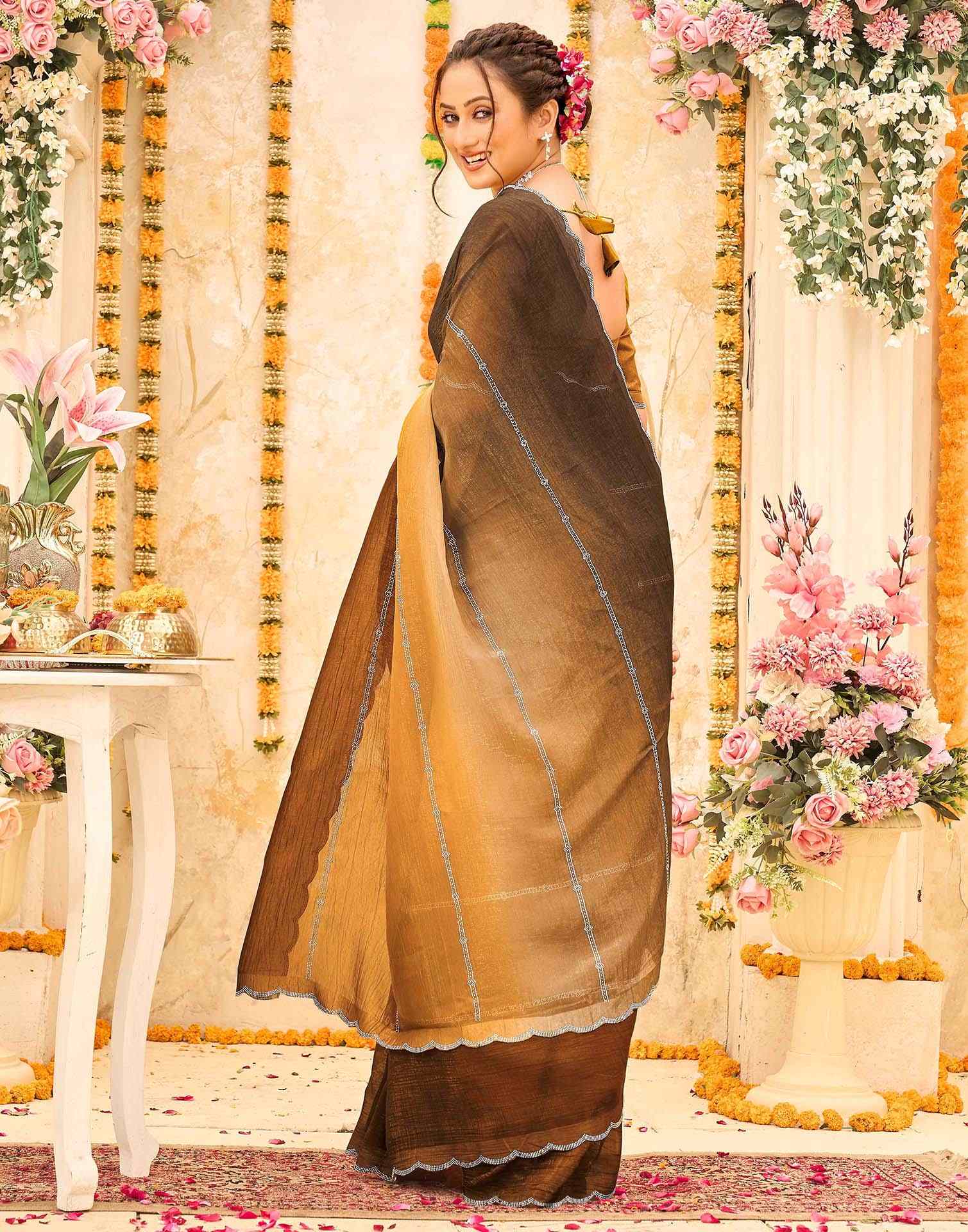 Brown Shimmer Stone Work Embellished Saree