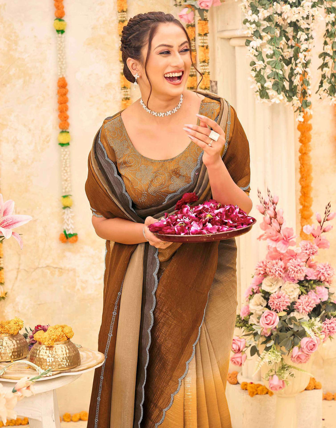 Brown Shimmer Stone Work Embellished Saree