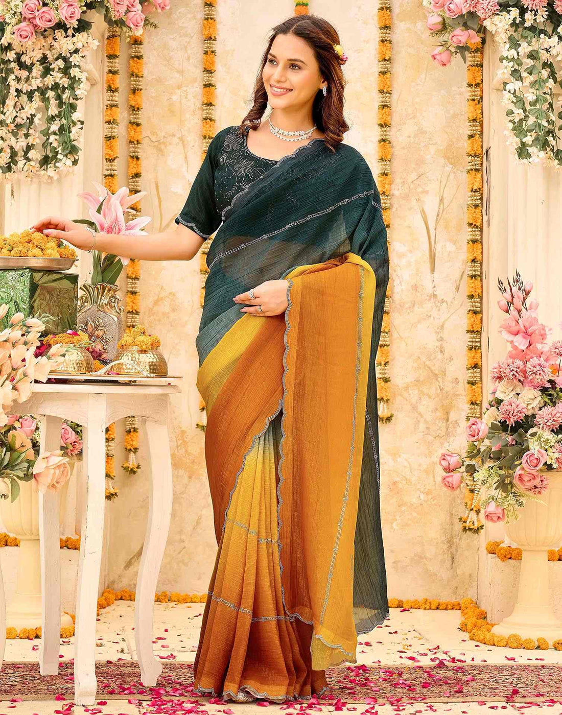 Rama Green Shimmer Stone Work Embellished Saree