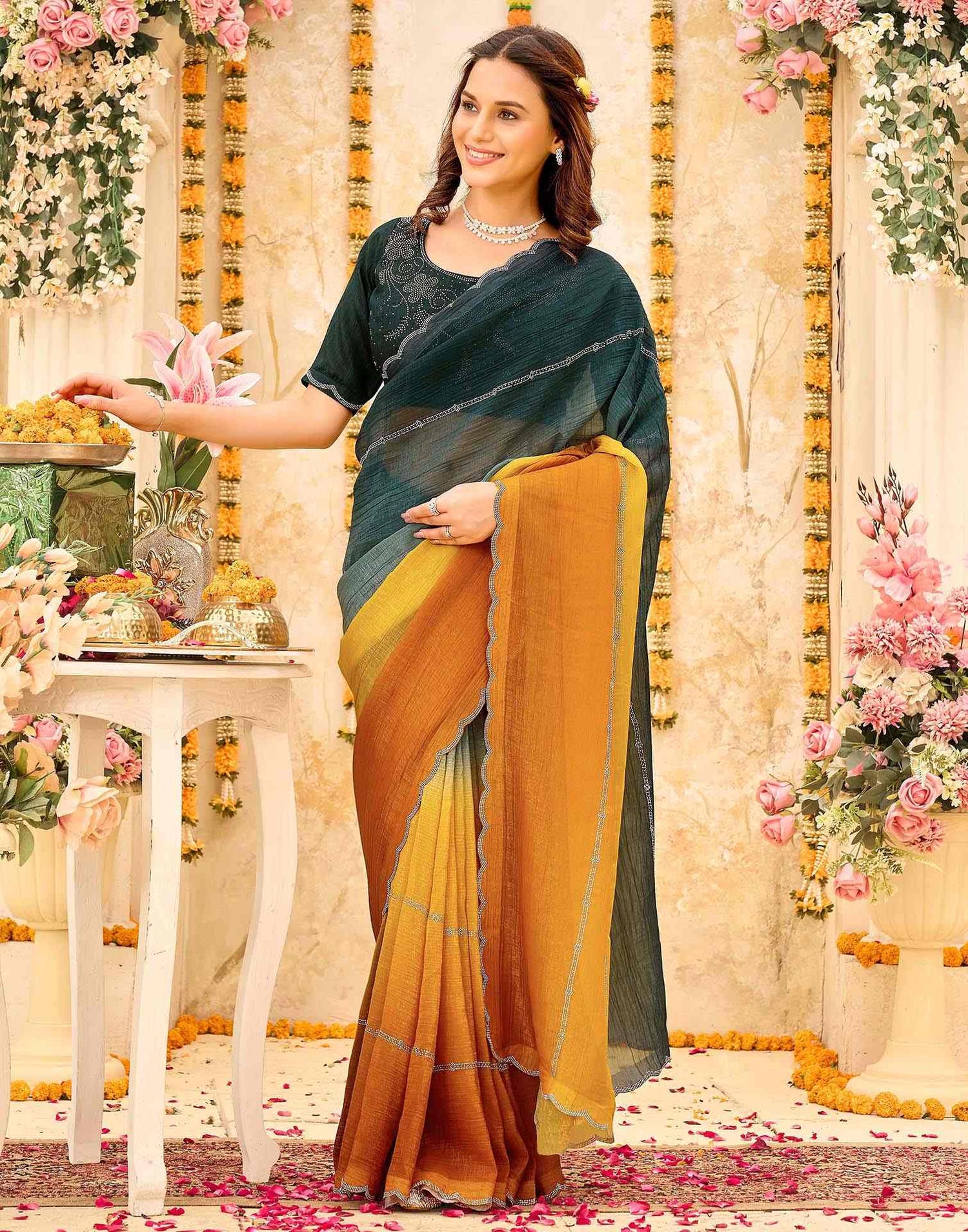 Rama Green Shimmer Stone Work Embellished Saree