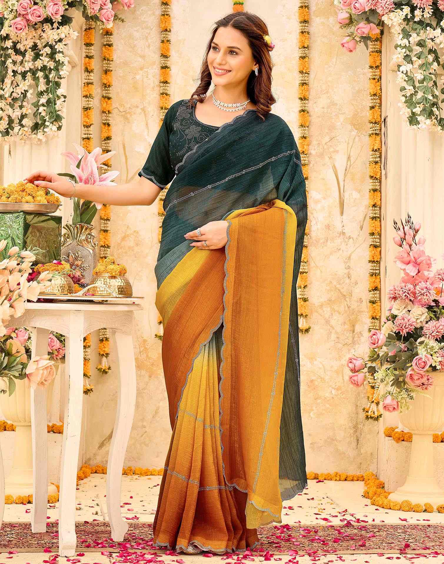 Rama Green Shimmer Stone Work Embellished Saree