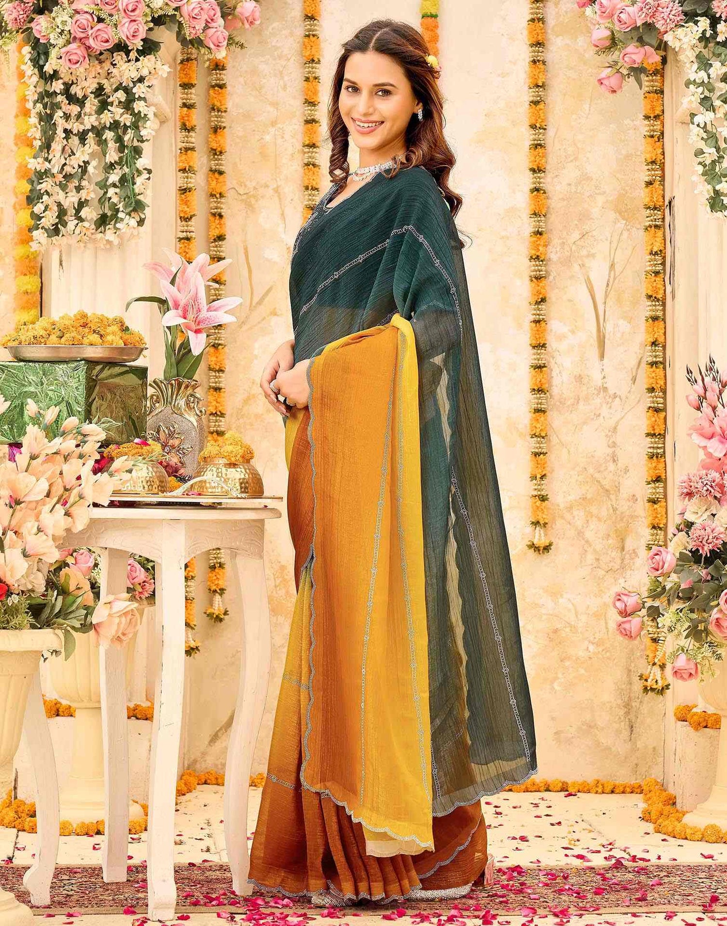 Rama Green Shimmer Stone Work Embellished Saree
