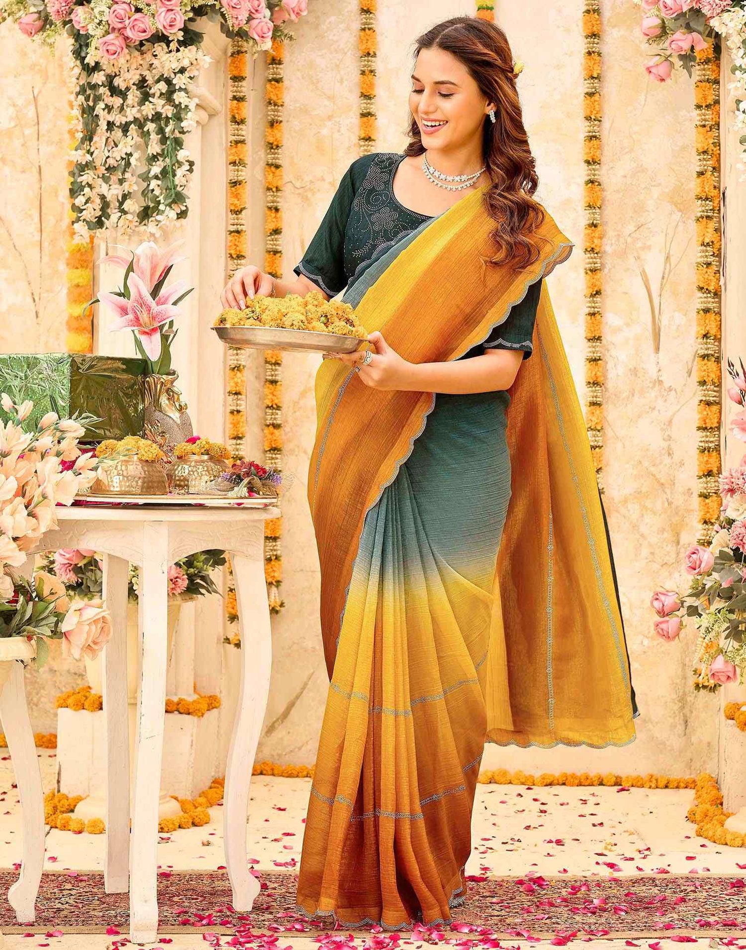 Rama Green Shimmer Stone Work Embellished Saree
