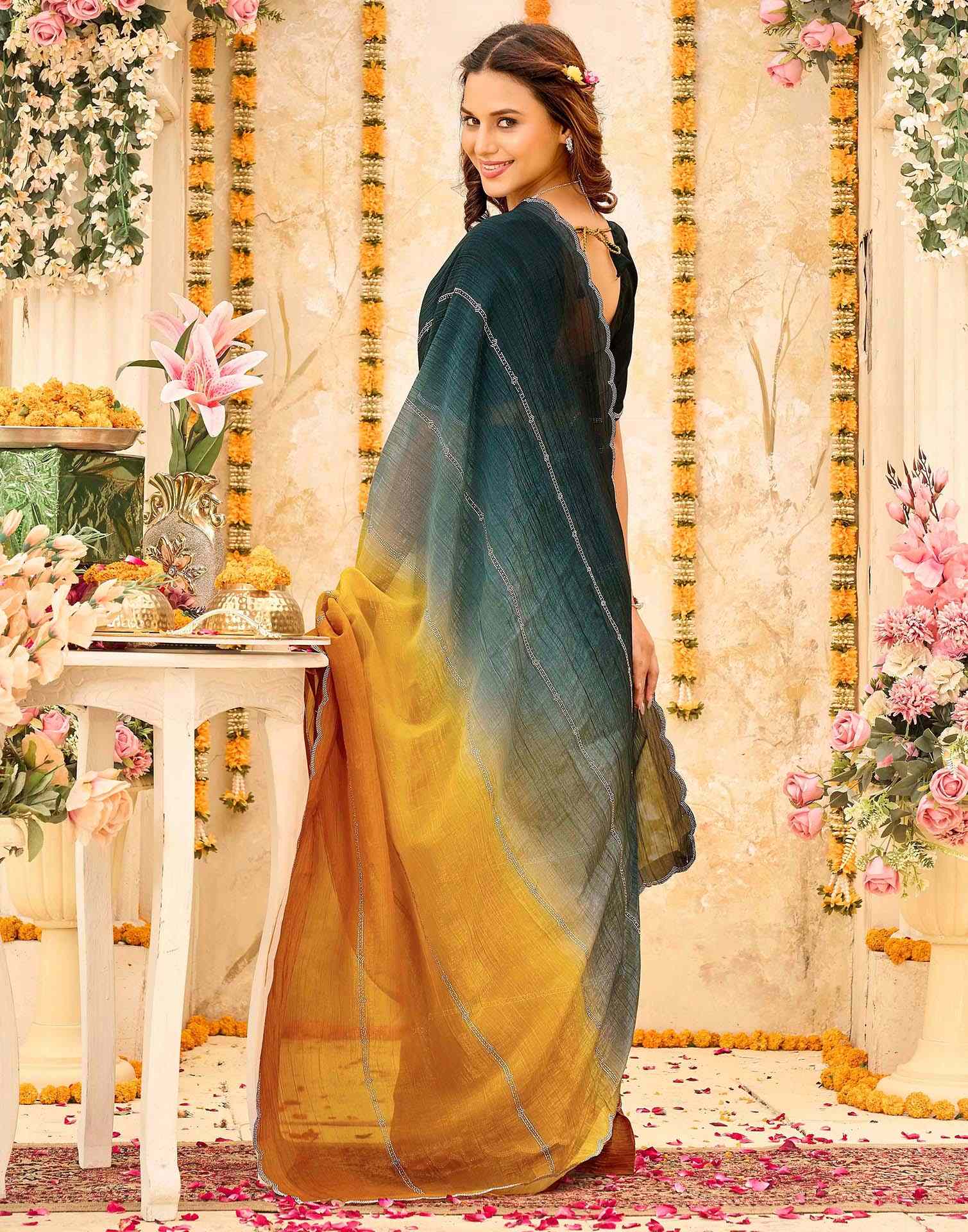 Rama Green Shimmer Stone Work Embellished Saree