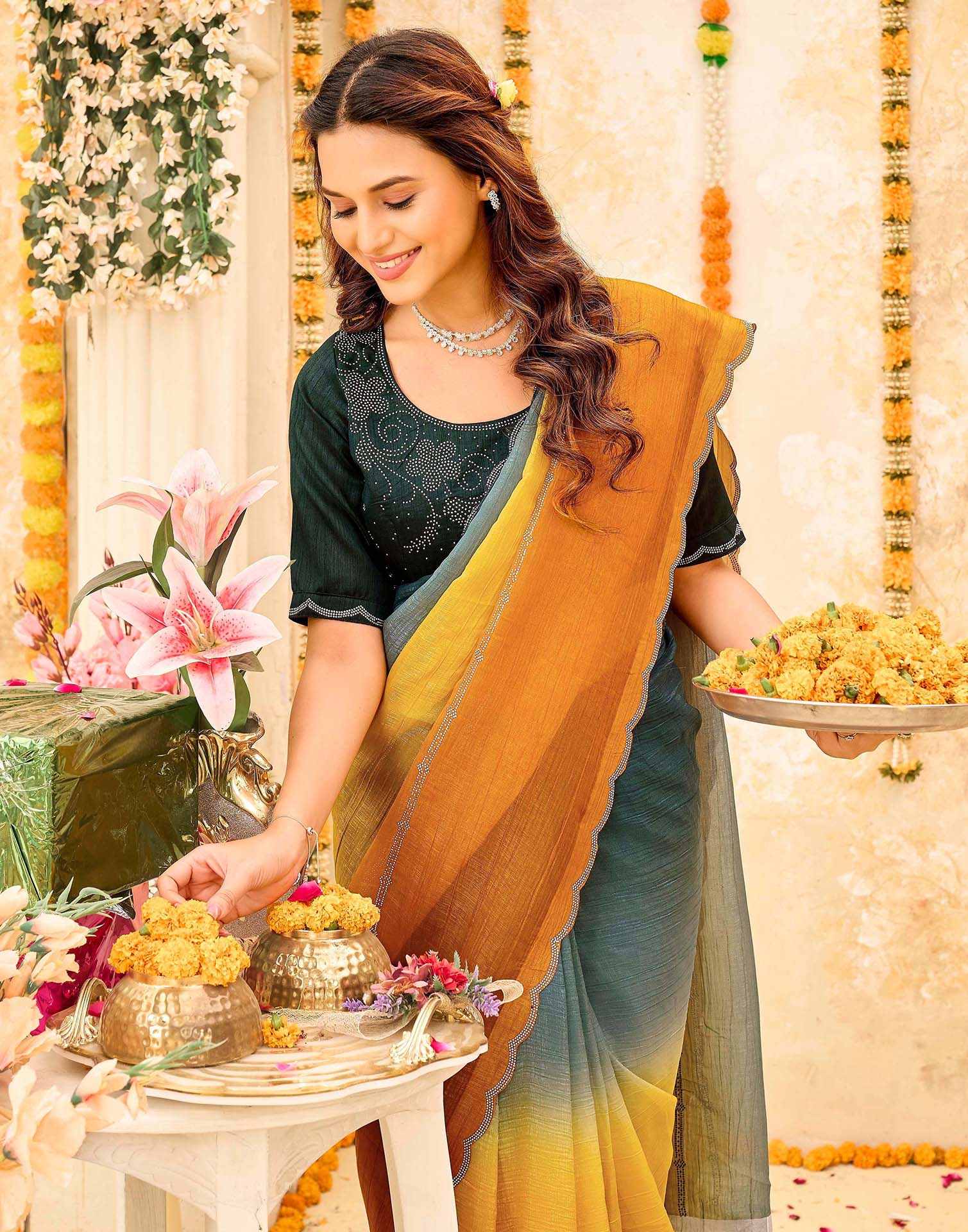 Rama Green Shimmer Stone Work Embellished Saree