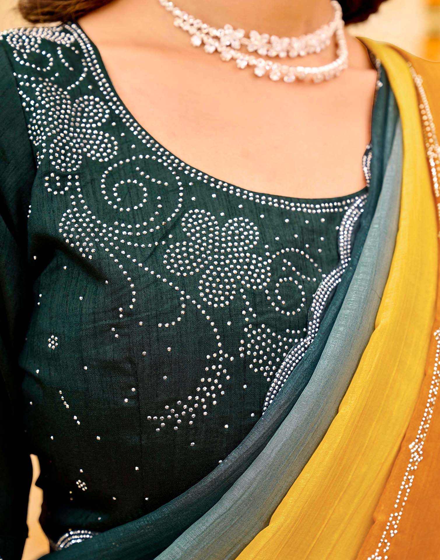 Rama Green Shimmer Stone Work Embellished Saree