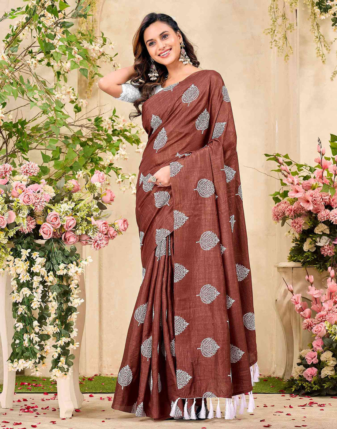 Rust Brown Vichitra Silk Printed Saree