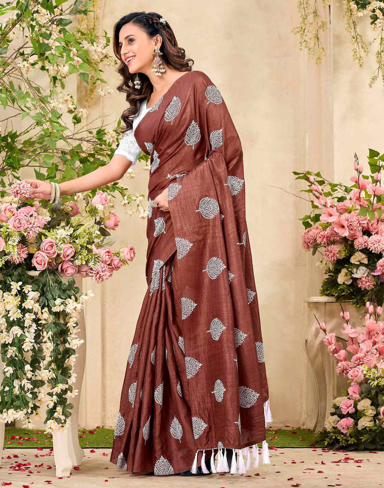 Rust Brown Vichitra Silk Printed Saree