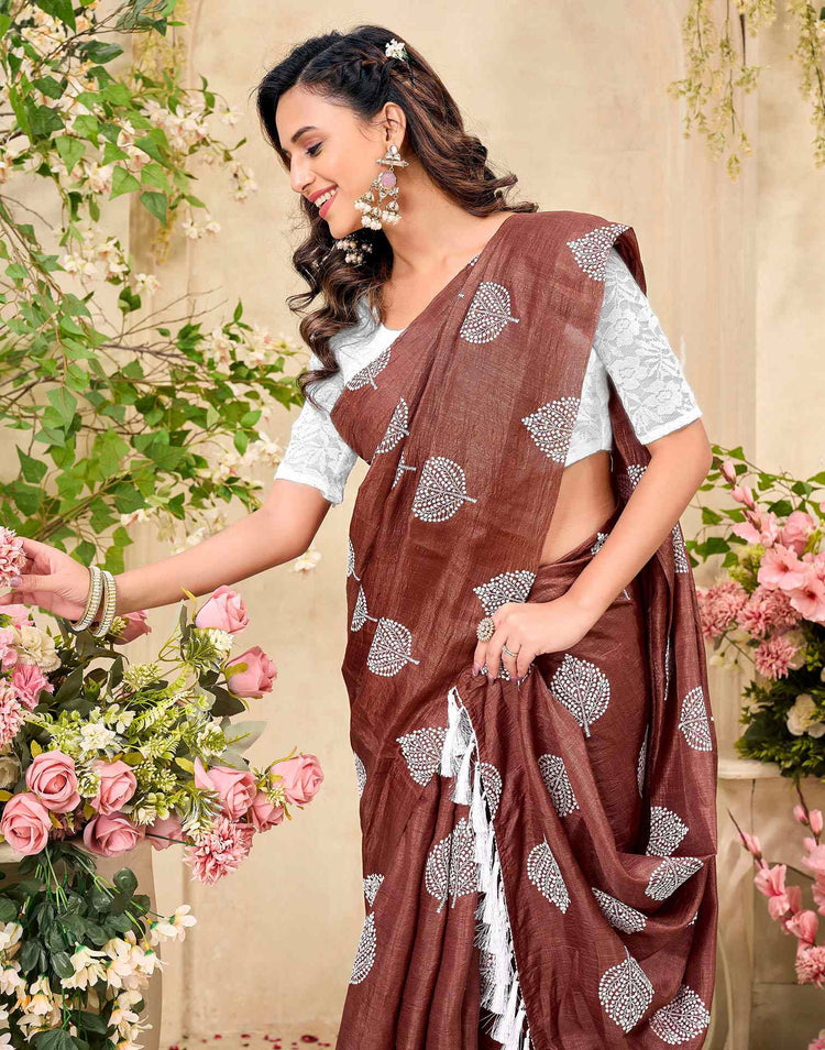 Rust Brown Vichitra Silk Printed Saree