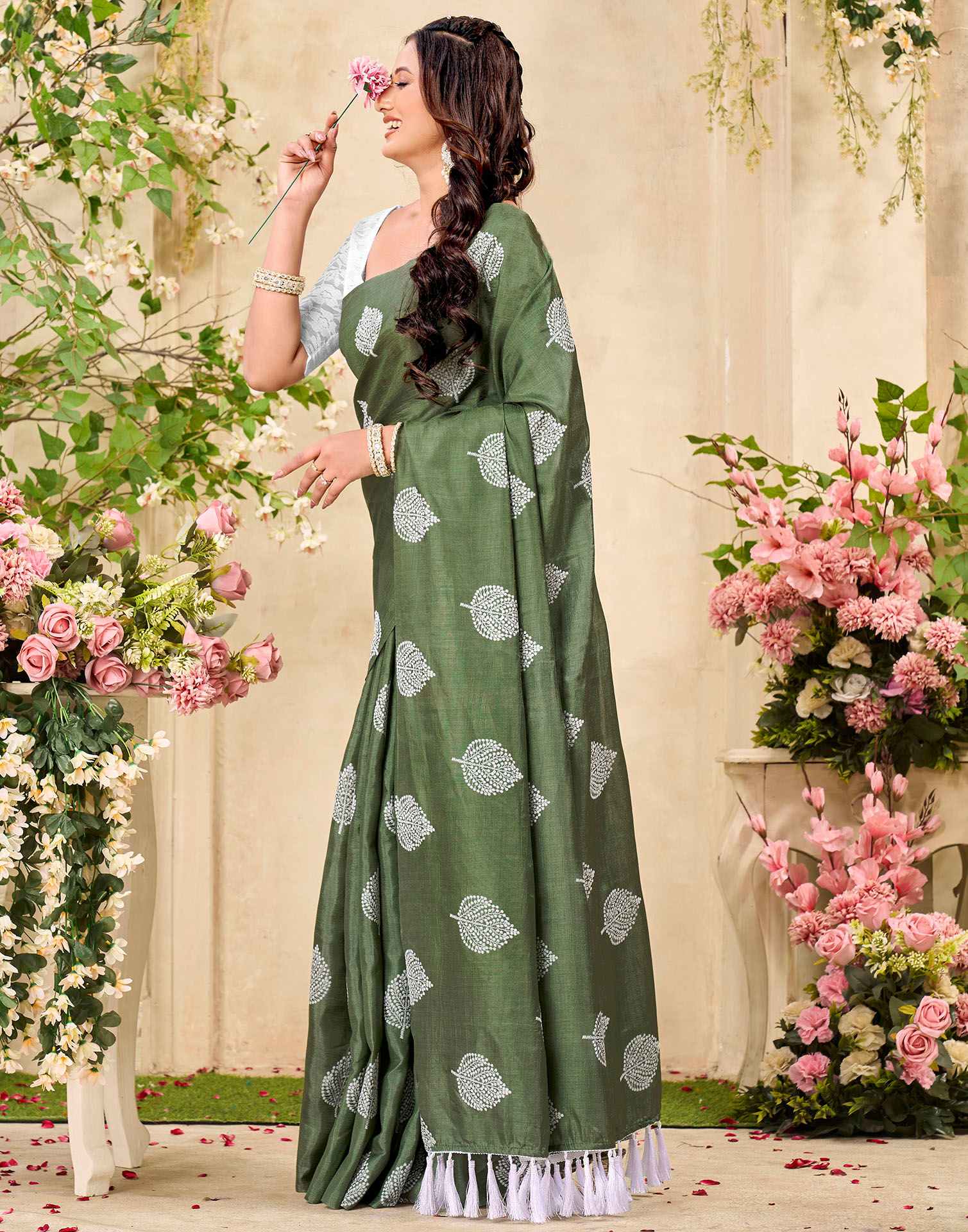 Sage Green Vichitra Silk Printed Saree