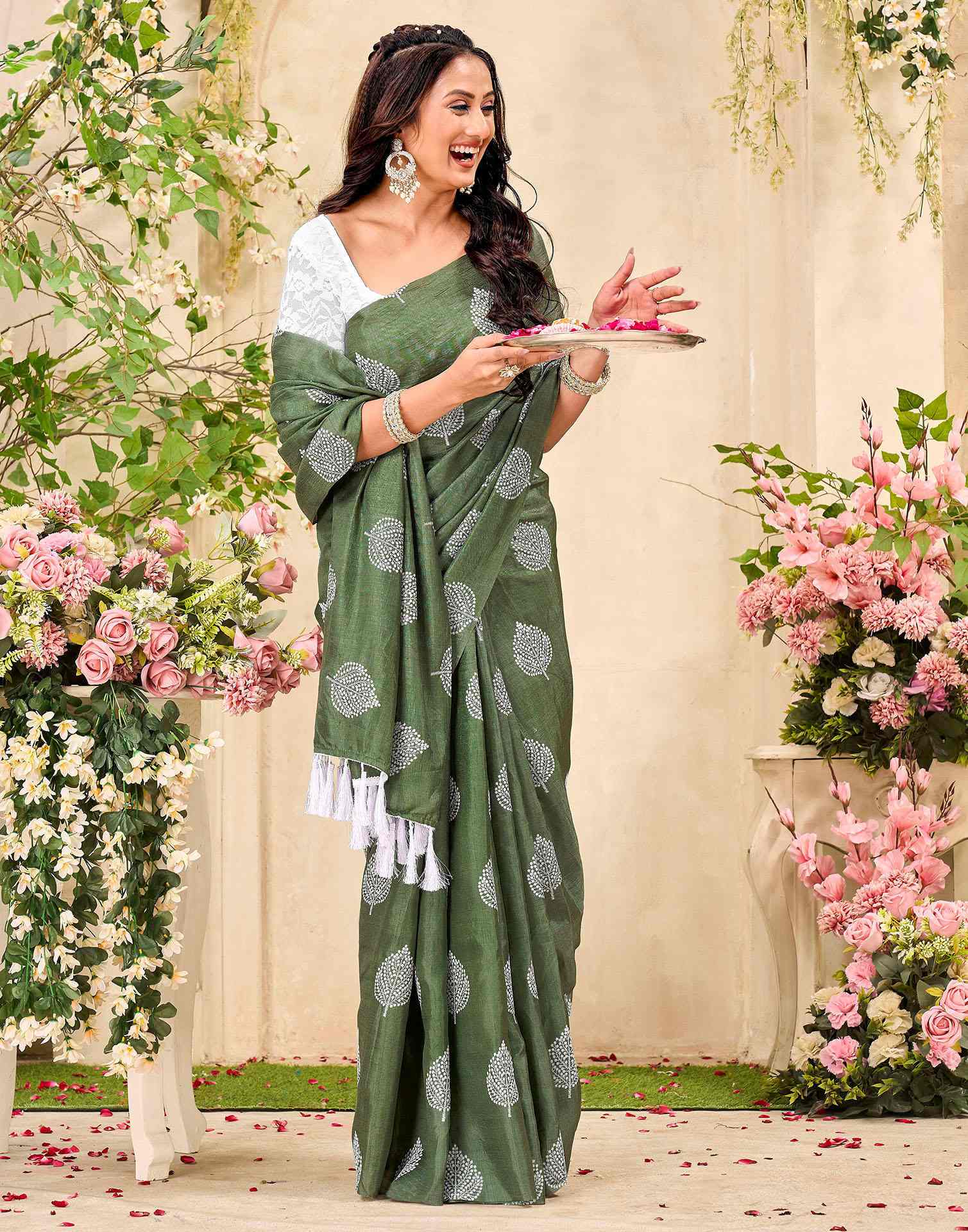 Sage Green Vichitra Silk Printed Saree