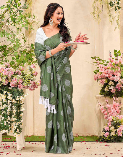Sage Green Vichitra Silk Printed Saree