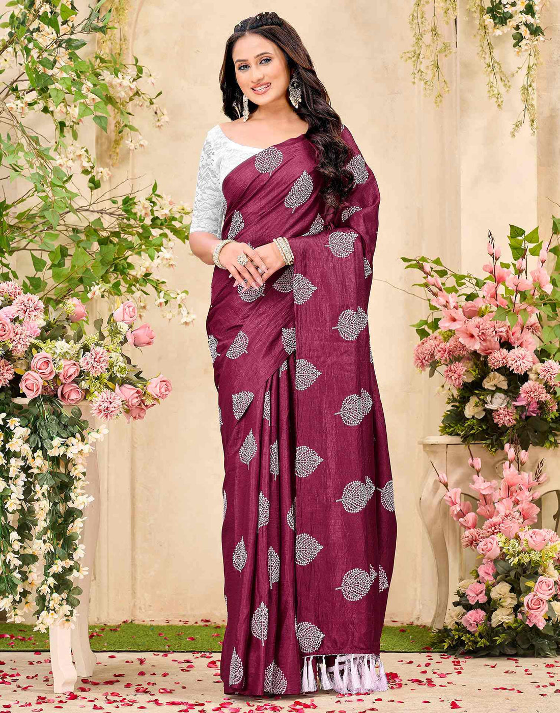 Magenta Vichitra Silk Printed Saree