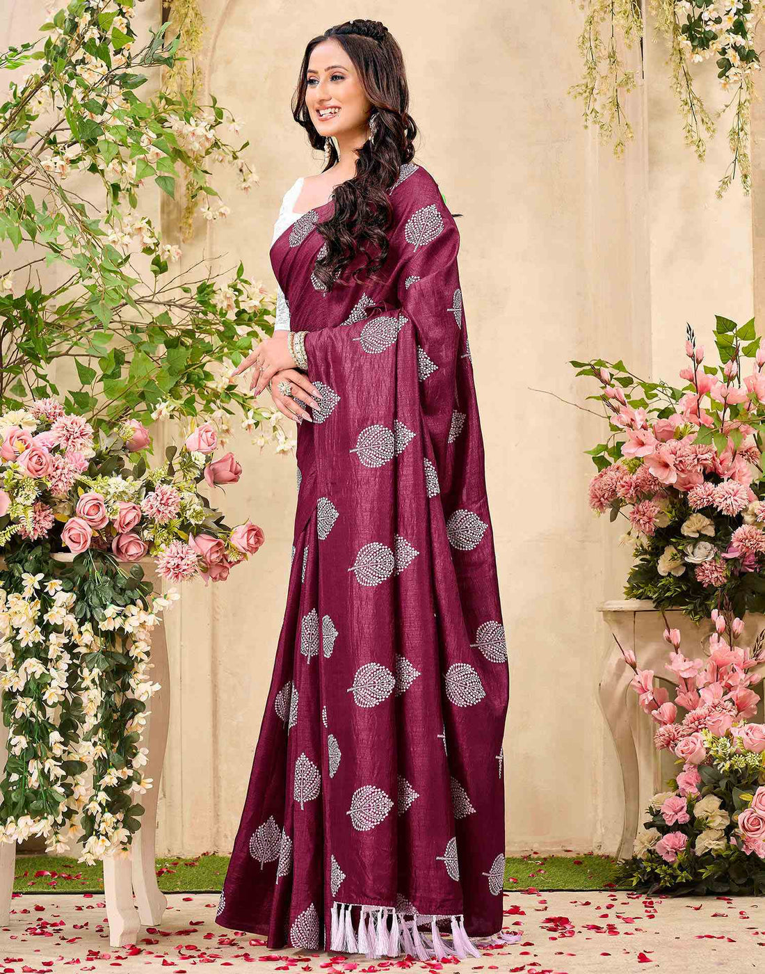 Magenta Vichitra Silk Printed Saree