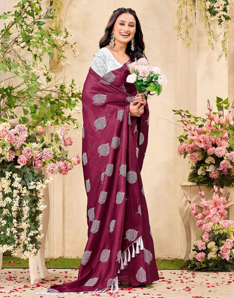 Magenta Vichitra Silk Printed Saree
