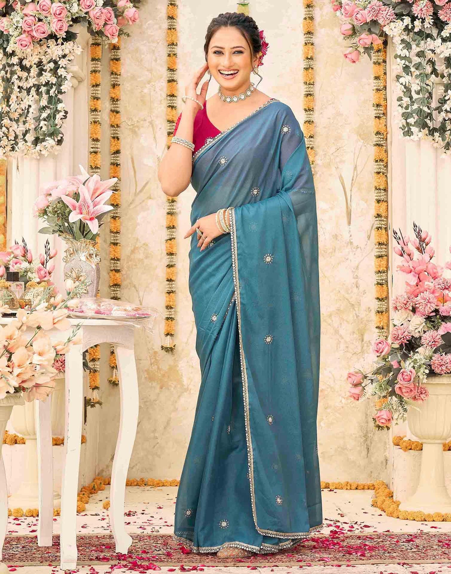 Dusty Teal Blue Georgette Embroidery Saree