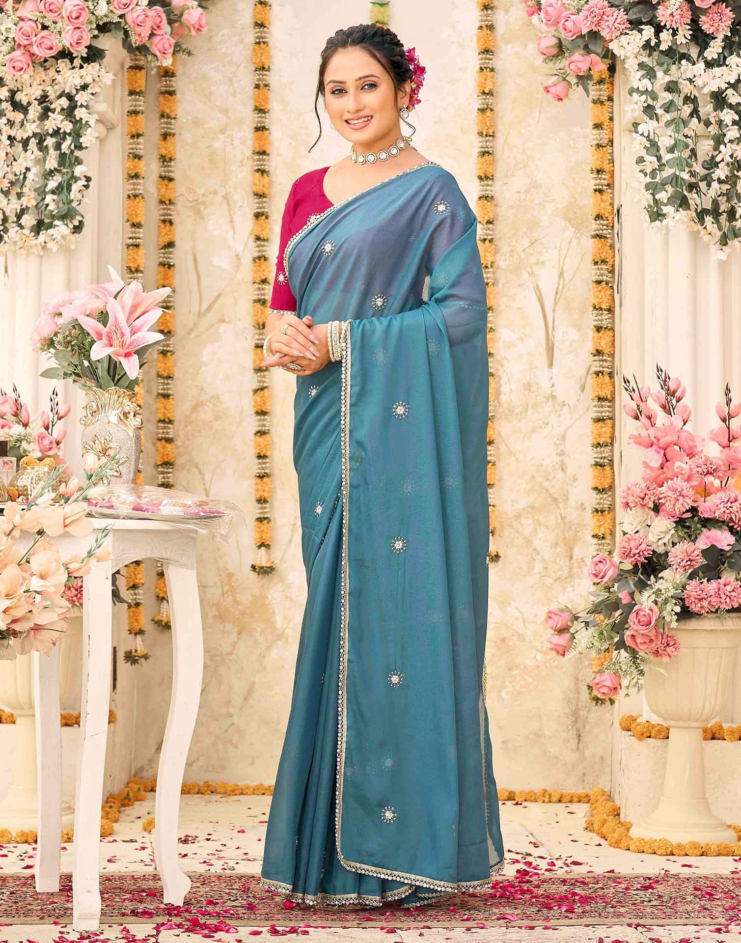 Dusty Teal Blue Georgette Embroidery Saree