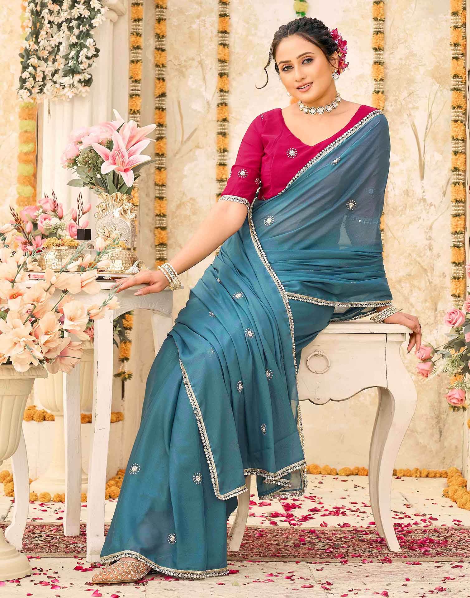 Dusty Teal Blue Georgette Embroidery Saree