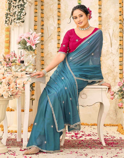 Dusty Teal Blue Georgette Embroidery Saree