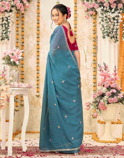 Dusty Teal Blue Georgette Embroidery Saree