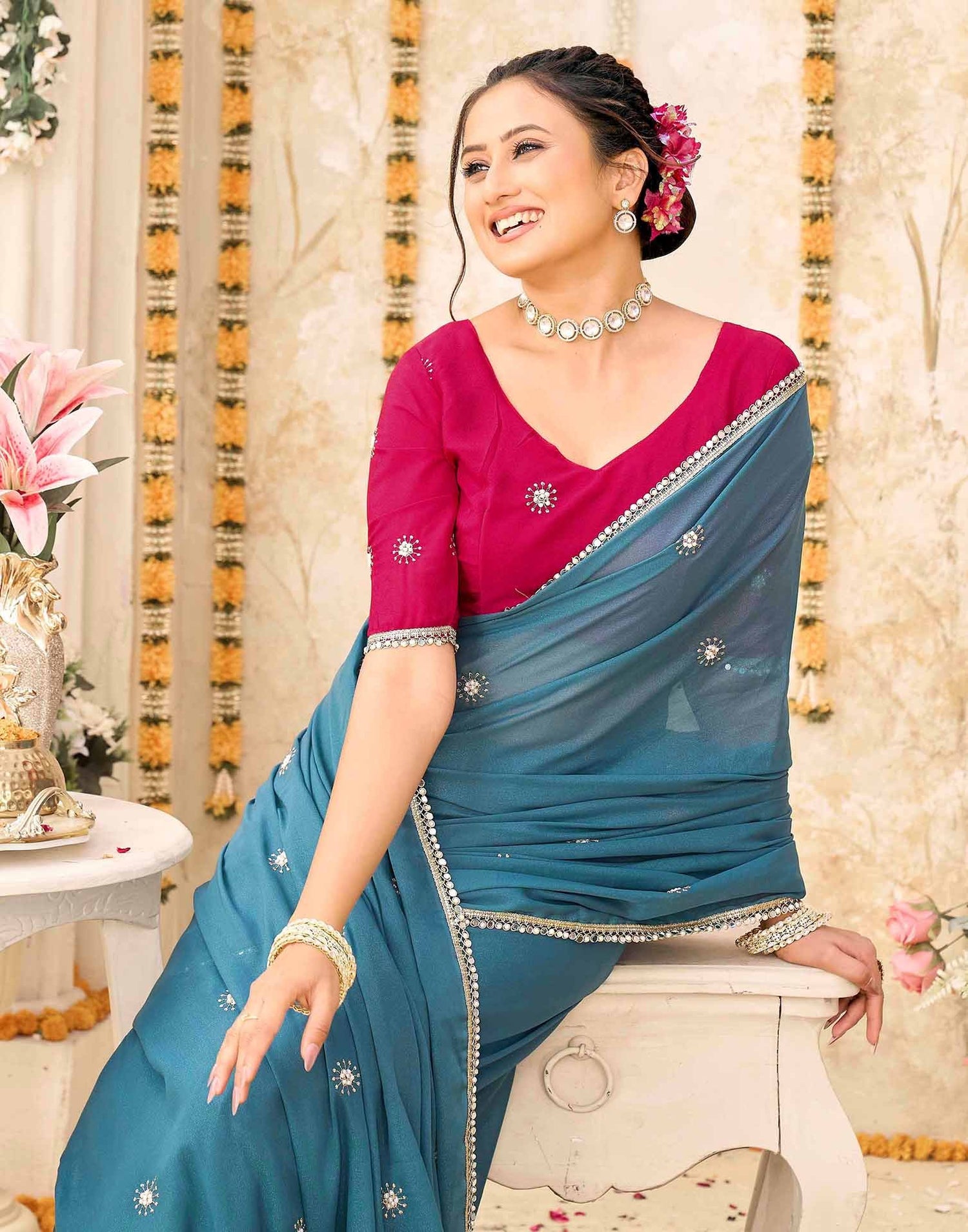 Dusty Teal Blue Georgette Embroidery Saree