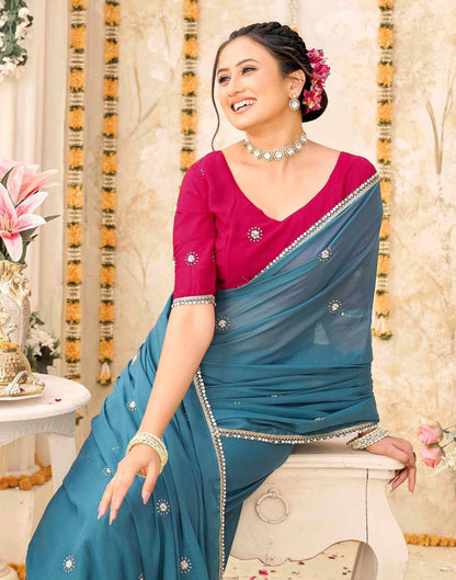 Dusty Teal Blue Georgette Embroidery Saree
