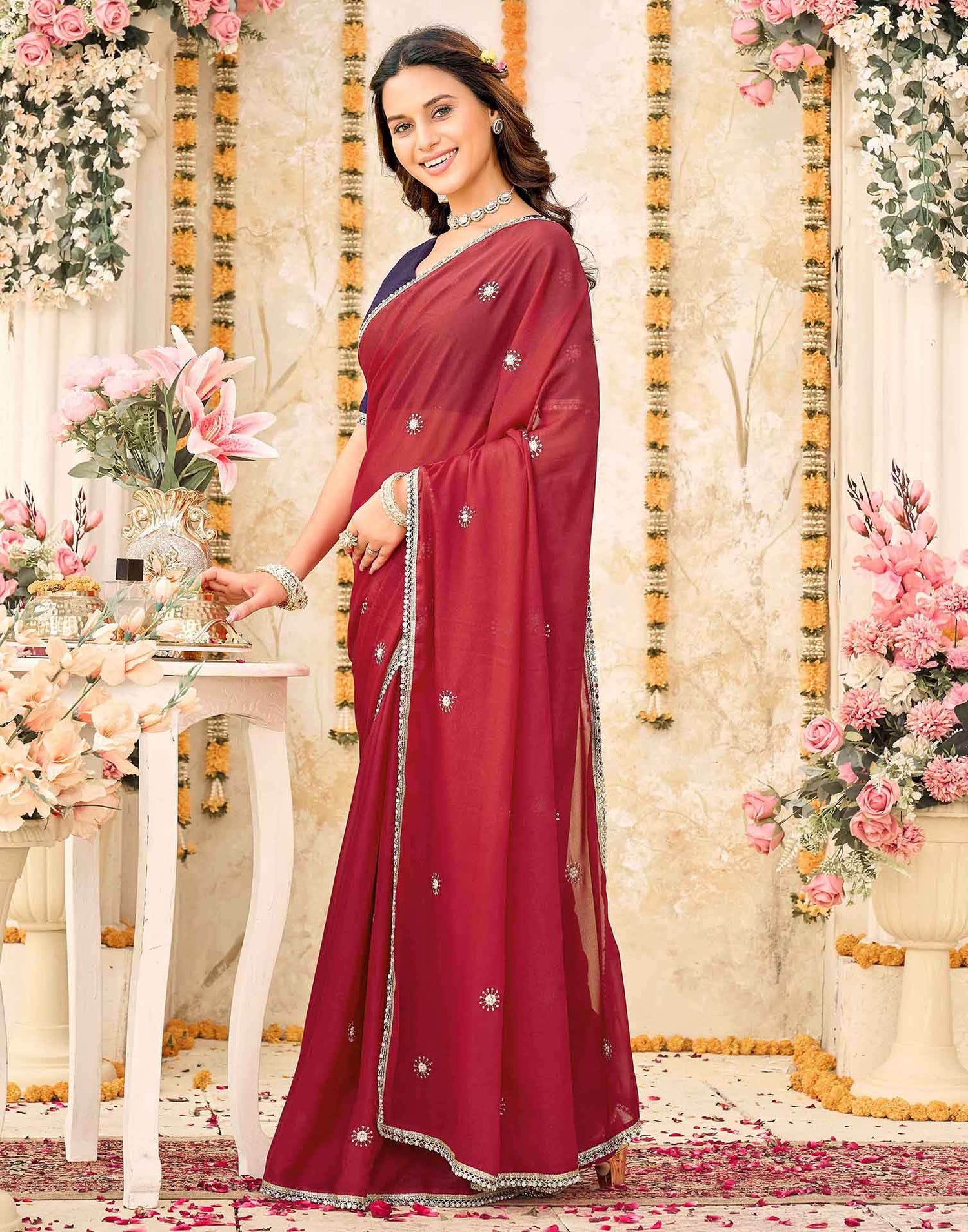 Dark Red Georgette Embroidery Saree