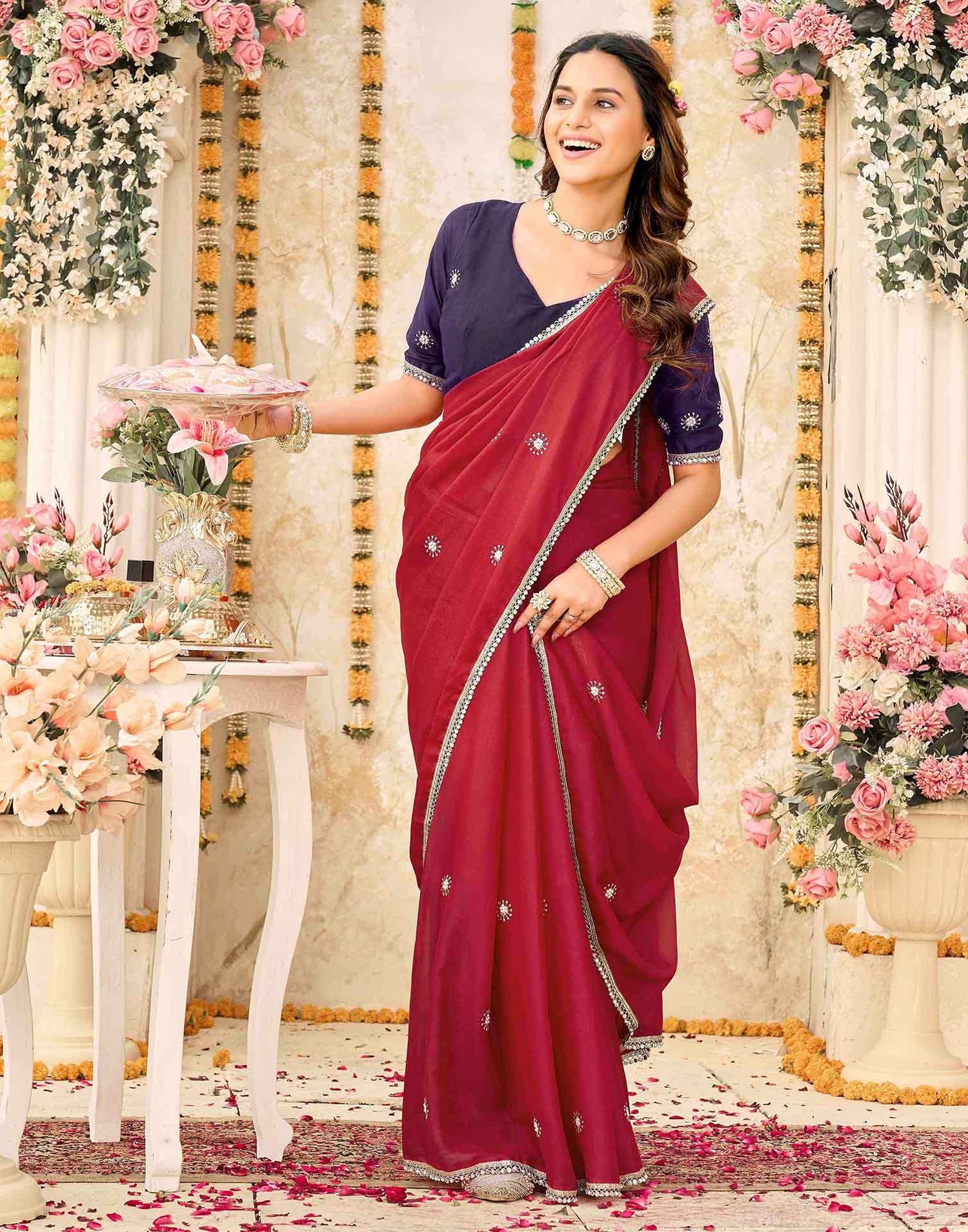 Dark Red Georgette Embroidery Saree
