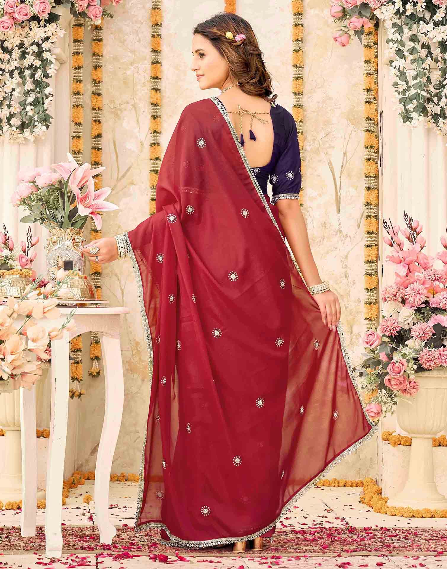 Dark Red Georgette Embroidery Saree