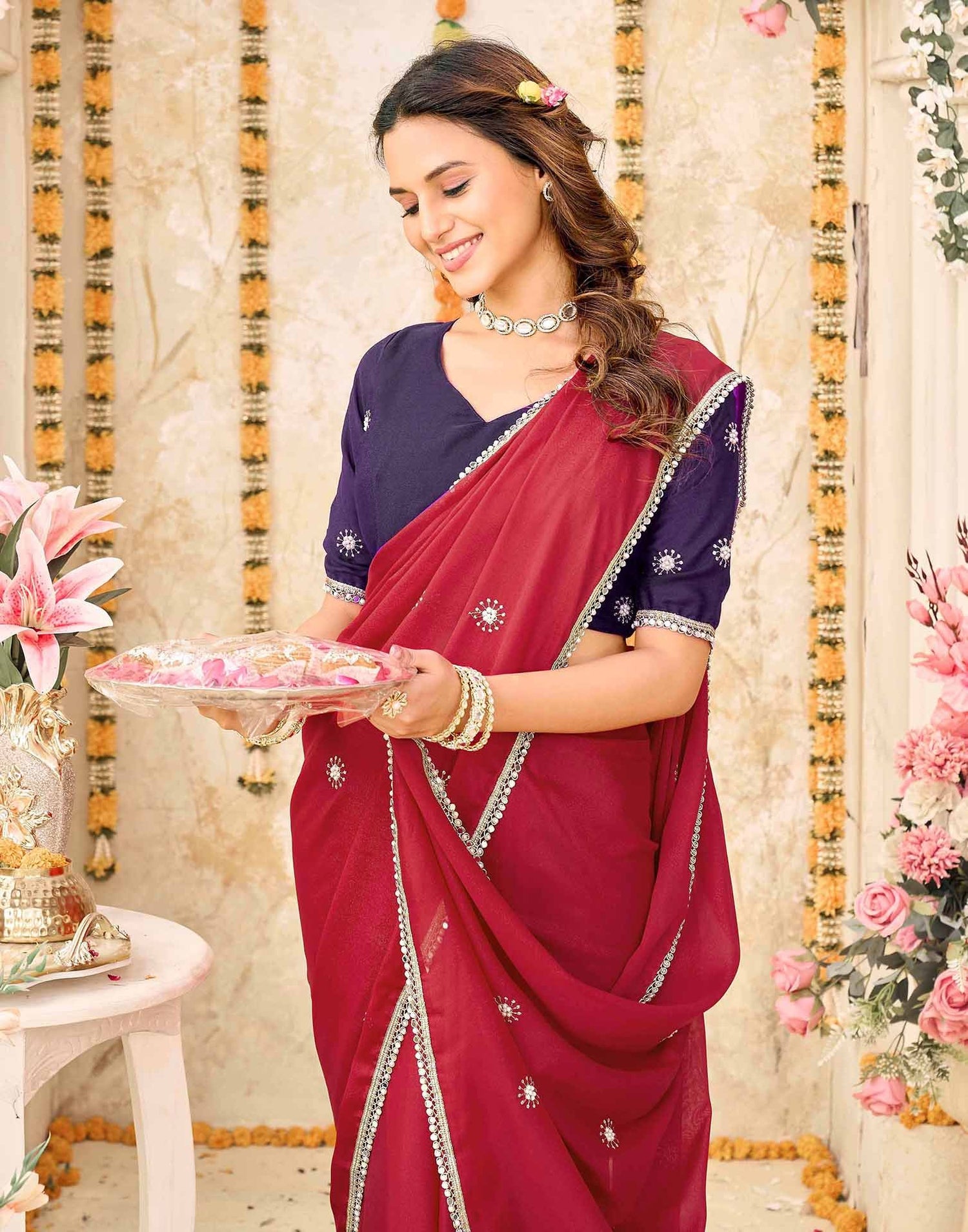 Dark Red Georgette Embroidery Saree