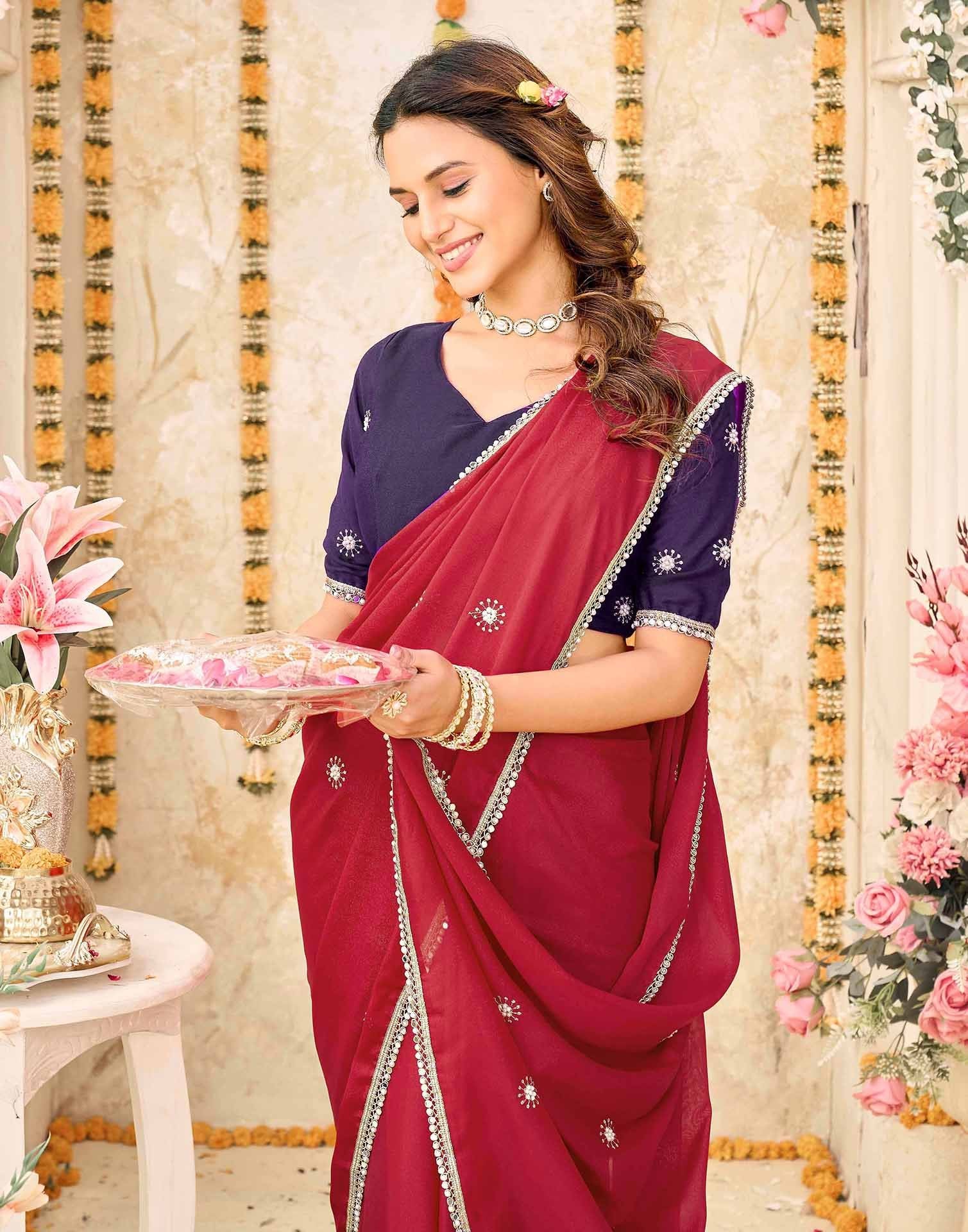 Dark Red Georgette Embroidery Saree