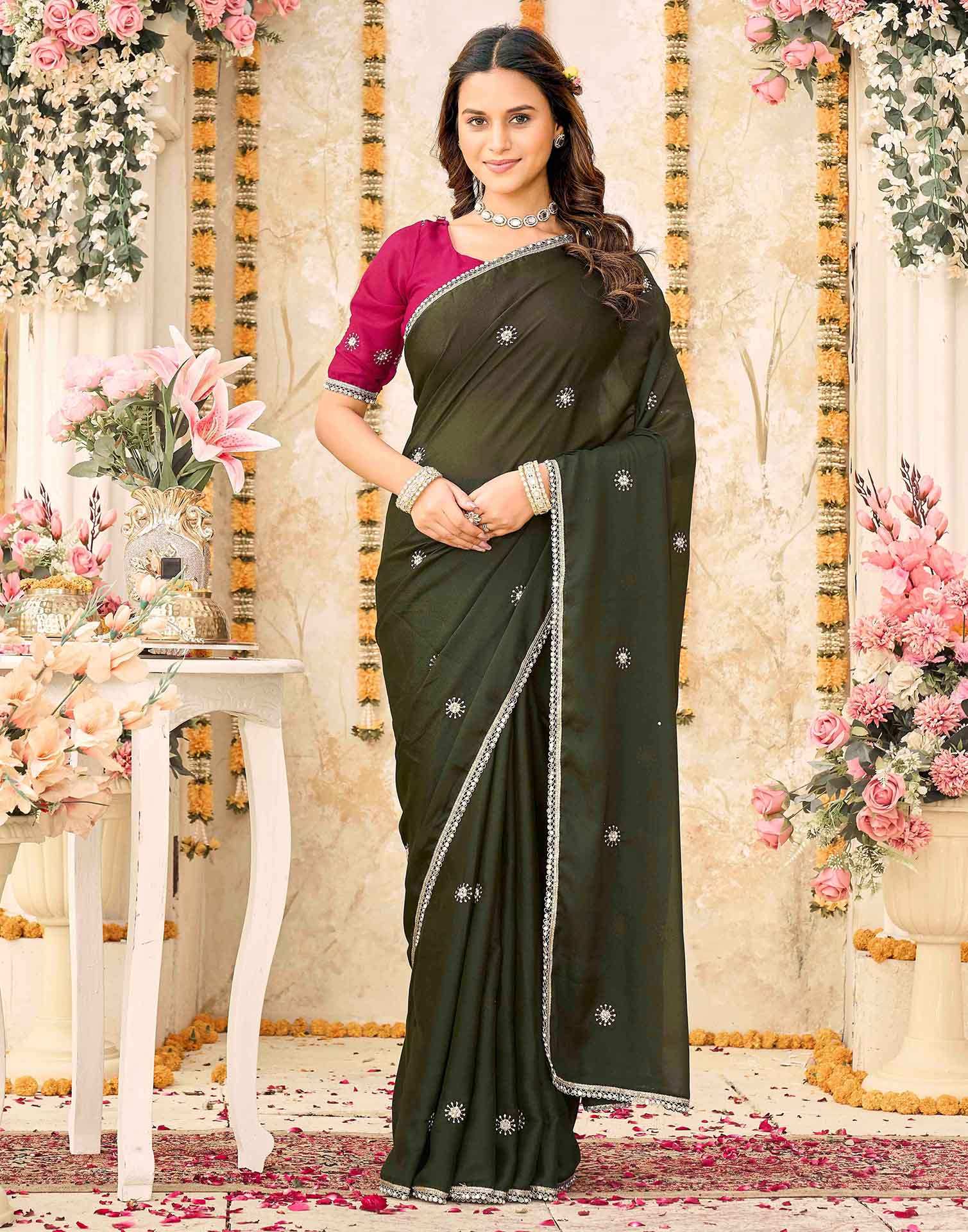 Olive Green Georgette Embroidery Saree
