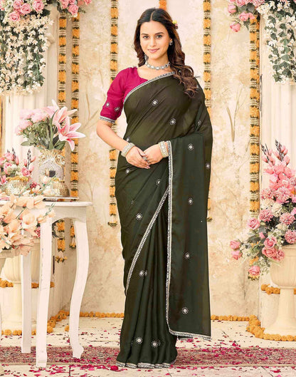 Olive Green Georgette Embroidery Saree