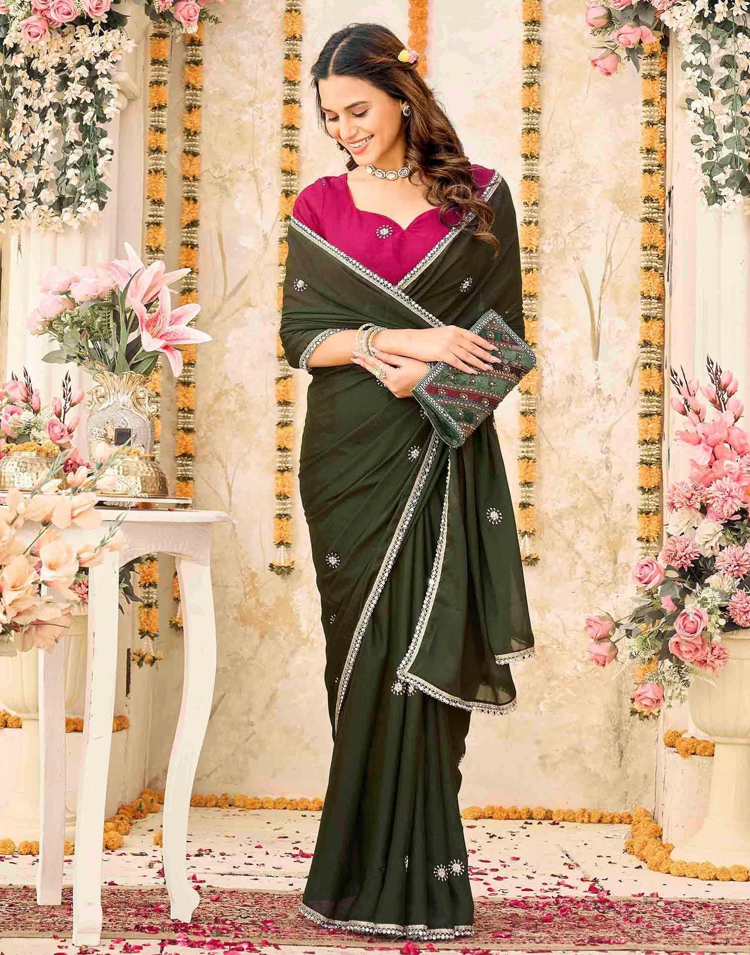 Olive Green Georgette Embroidery Saree