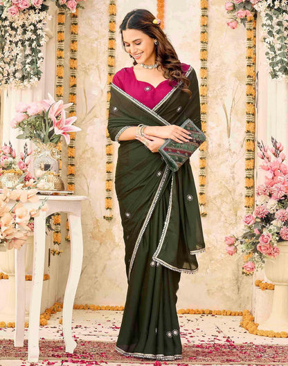 Olive Green Georgette Embroidery Saree